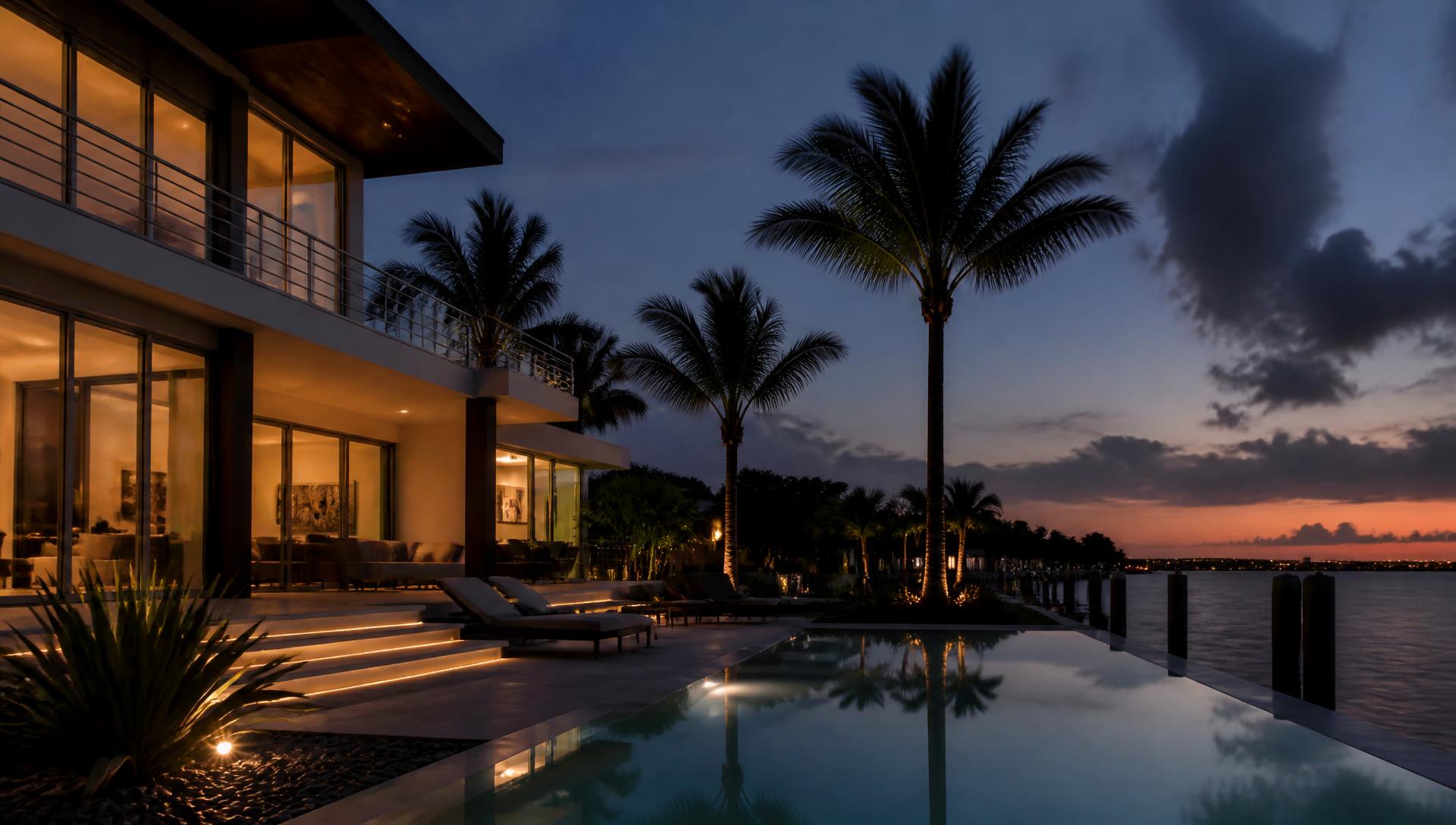Modern Tampa Bay residence at dusk with lit interiors and palm trees