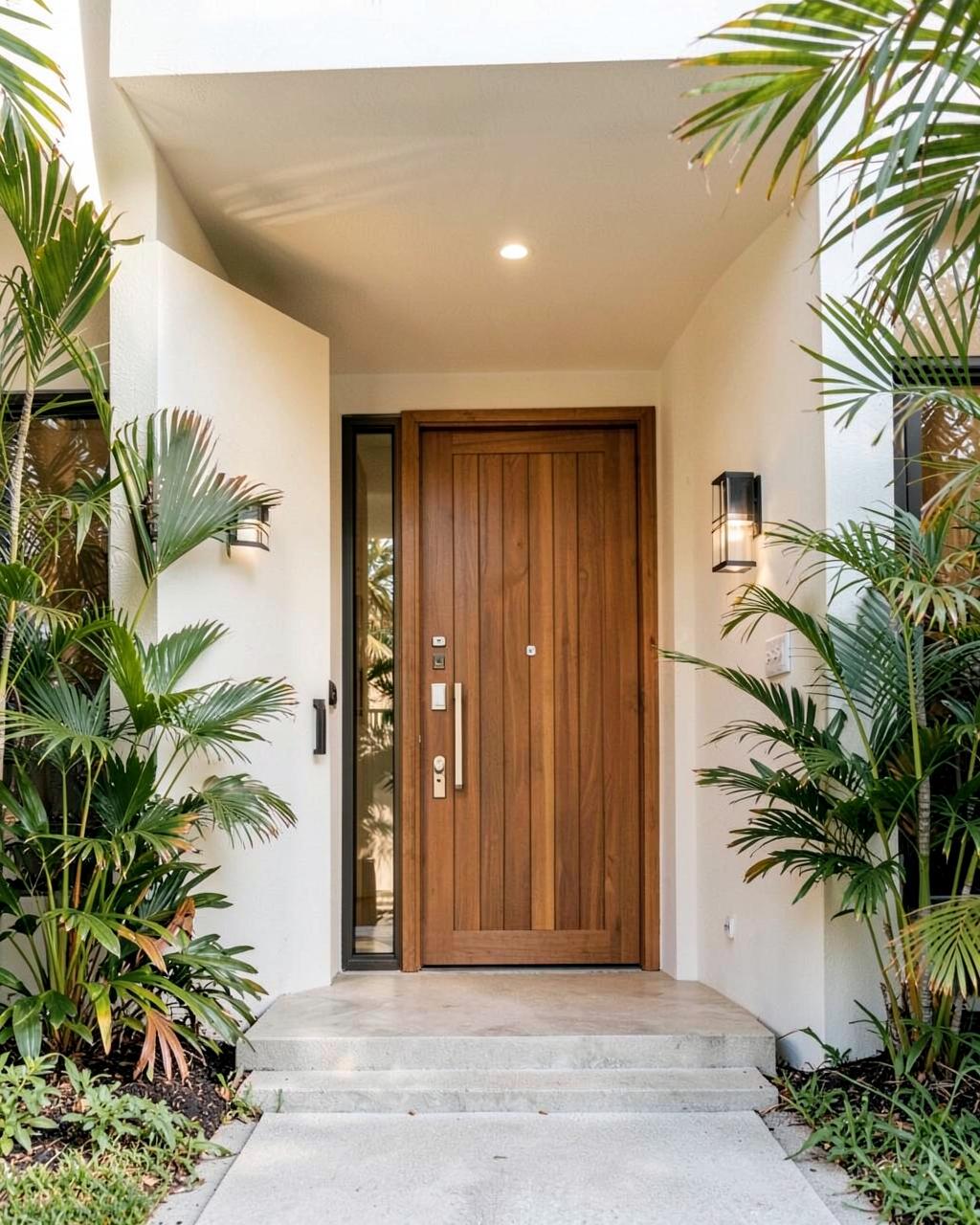 Warm modern entrance of a Florida home framed by tropical plants
