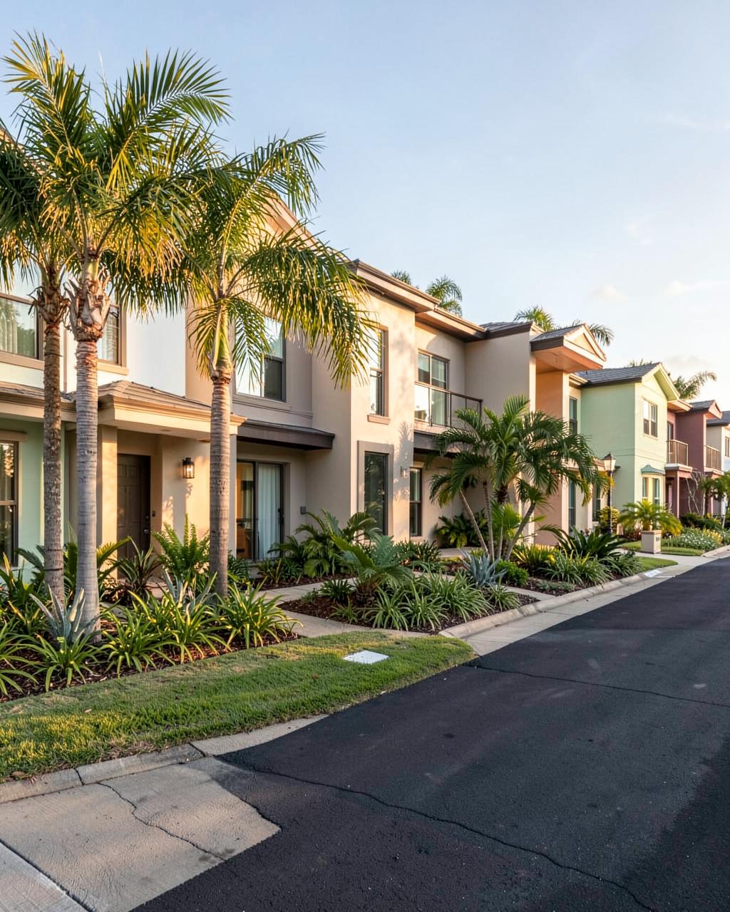 Row of modern Florida townhomes with palm landscaping